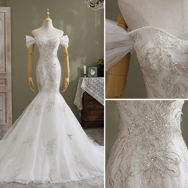 Fashion White Trumpet / Mermaid Wedding Dresses 2021 Off-The-Shoulder Glitter Sequins Lace Flower Sleeveless Backless Cathedral Train Wedding