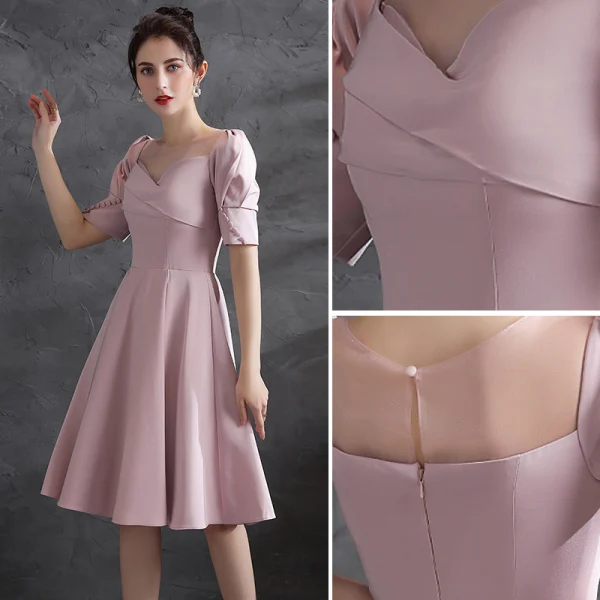 Chic / Beautiful Blushing Pink Homecoming Satin Graduation Dresses 2021 A-Line / Princess Scoop Neck Short Sleeve Backless Knee-Length Formal Dresses
