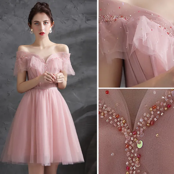 Cute Pink Off Shoulder Lace Short Homecoming Dresses, Graduation Dress,  PH394