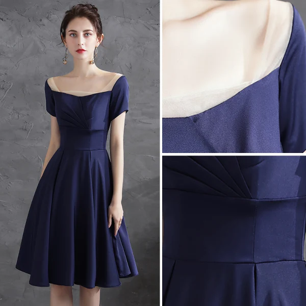 Simple Bleu Marine de retour Satin Robe De Graduation 2021 Princesse Encolure Carrée Manches Courtes Dos Nu Mi-Longues Robe De Ceremonie