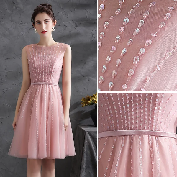 Chic / Beautiful Blushing Pink Sequins Cocktail Dresses Party Dresses 2021 A-Line / Princess Scoop Neck Sleeveless Sash Knee-Length Cocktail Party Formal Dresses