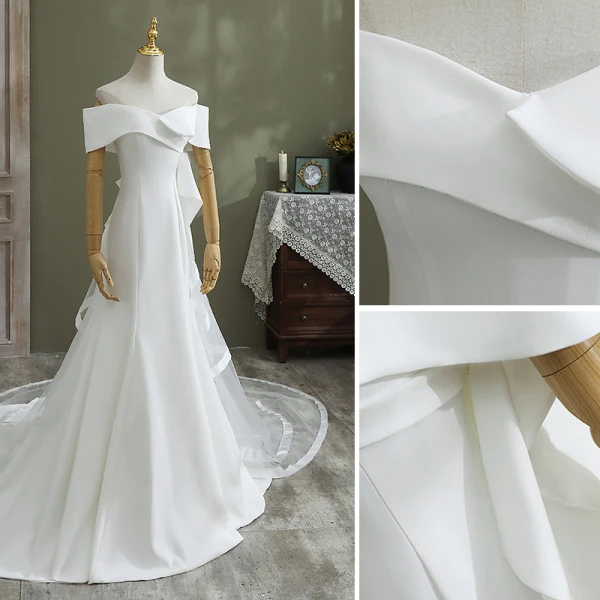 Élégant Ivoire Trompette / Sirène Satin Robe De Mariée 2021 De l'épaule Manches Courtes Dos Nu Cathedral Train