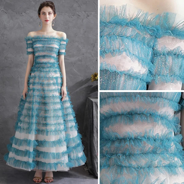Chic / Beautiful Jade Green Glitter Ruffle Prom Dresses 2021 A-Line / Princess Off-The-Shoulder Short Sleeve Backless Floor-Length / Long Formal Dresses