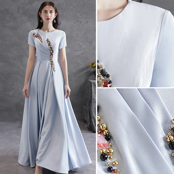 Chic / Beautiful Grey Prom Dresses 2018 A-Line / Princess Star Beading Off-The-Shoulder Backless Sleeveless Floor-Length / Long Formal Dresses