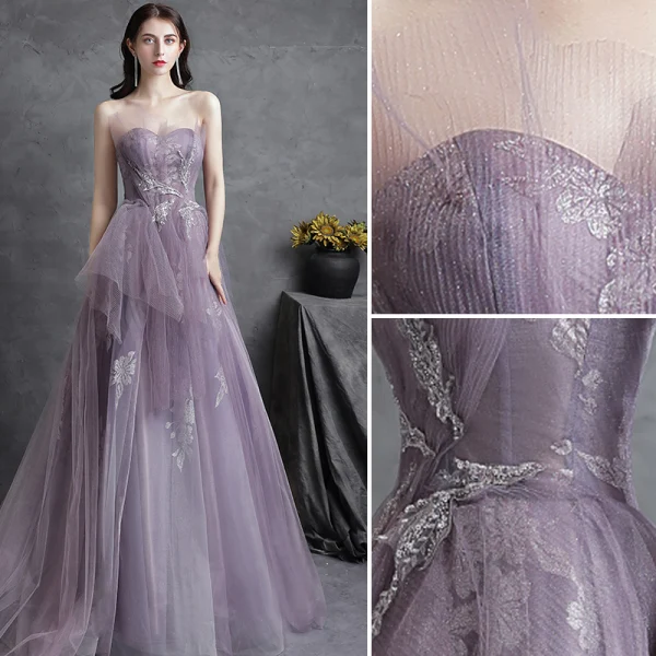 Chic / Beautiful Burgundy Evening Dresses  2018 Empire Lace Flower Suede Scoop Neck Backless Sleeveless Floor-Length / Long Formal Dresses
