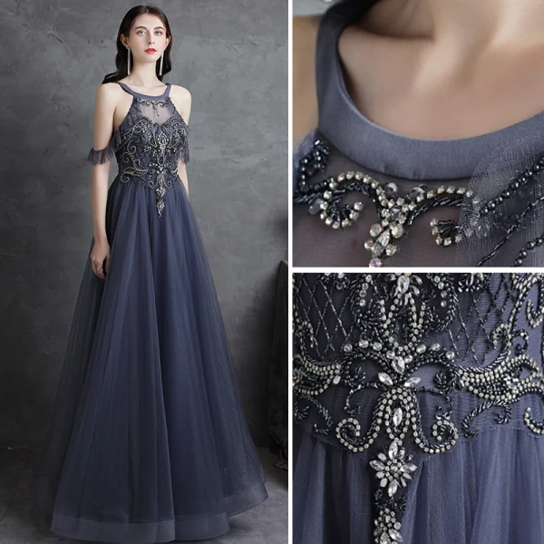 Chic / Beautiful Champagne Bridesmaid Dresses 2018 A-Line / Princess Appliques Bow Scoop Neck Backless Short Sleeve Floor-Length / Long Wedding Party Dresses