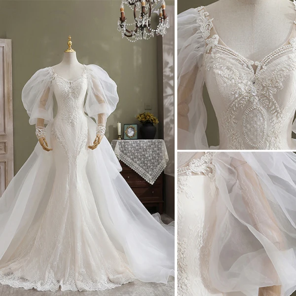 Luxury / Gorgeous Ivory Trumpet / Mermaid Wedding Dresses 2021 V-Neck Beading Pearl Lace Flower Long Sleeve Backless Cathedral Train Wedding