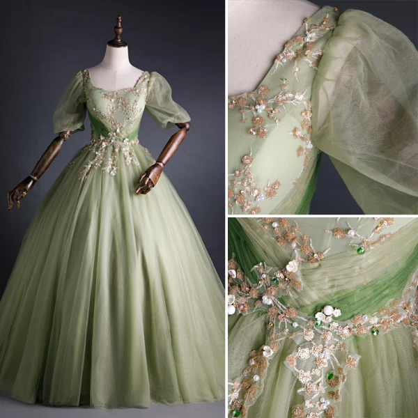 Elegant Sage Green Prom Dresses 2021 Ball Gown Square Neckline Pearl Sequins Lace Flower Short Sleeve Backless Floor-Length / Long Prom Formal Dresses