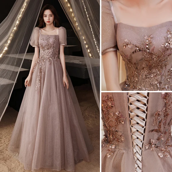 Chic / Beautiful Burgundy Evening Dresses 2018 A-Line / Princess Lace Flower Sequins Sash Scoop Neck Backless Sleeveless Floor-Length / Long Formal Dresses