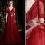 Chic / Beautiful Burgundy Glitter Prom Dresses 2021 A-Line / Princess V-Neck Beading Rhinestone Sequins Short Sleeve Backless Floor-Length / Long Formal Dresses