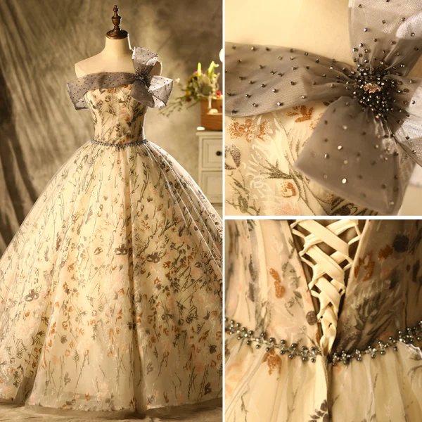 Elegant Prom Dresses 2021 Ball Gown Off-The-Shoulder Bow Beading Lace Flower Sleeveless Backless Floor-Length / Long Prom Formal Dresses