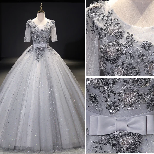 Affordable Pearl Pink Evening Dresses 2018 A-Line / Princess Lace Appliques Crystal Scoop Neck 3/4 Sleeve Floor-Length / Long Formal Dresses