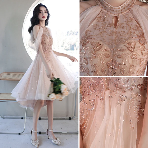 Luxe Champagne Robe De Soirée 2018 Princesse En Dentelle Appliques Perlage Perle Paillettes V-Cou Dos Nu Sans Manches Train De Balayage Robe De Ceremonie