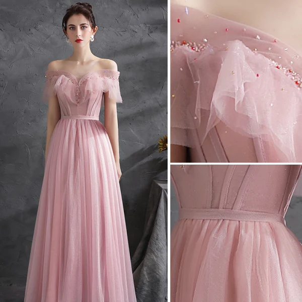 Chic / Beautiful Blushing Pink Prom Dresses 2021 A-Line / Princess Off-The-Shoulder Beading Rhinestone Short Sleeve Backless Floor-Length / Long Evening Party Formal Dresses