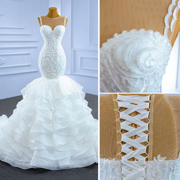 High-end Ivory Lace Cascading Ruffles Wedding Dresses 2021 Trumpet / Mermaid Scoop Neck Beading Sleeveless Backless Court Train Wedding