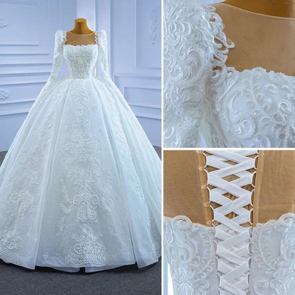 Luxe Ivoire Glitter Robe De Mariée Robe Boule 2021 Encolure Dégagée Perlage En Dentelle Fleur Manches Longues Chapel Train Mariage