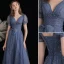 Fashion Ocean Blue Prom Dresses 2021 A-Line / Princess V-Neck Bow Beading Sequins Short Sleeve Backless Floor-Length / Long Prom Formal Dresses
