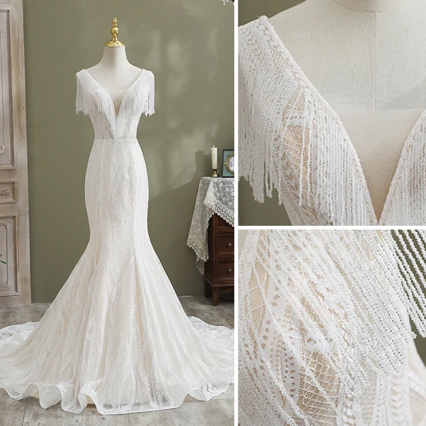 Charmant Blanche Trompette / Sirène Robe De Mariée 2021 V-Cou Perlage Gland En Dentelle Fleur Sans Manches Dos Nu Cathedral Train Mariage