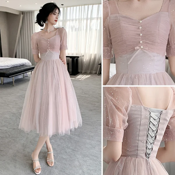 Chic / Beautiful Blushing Pink Bridesmaid Dresses 2021 A-Line / Princess Square Neckline Pearl Sequins Short Sleeve Backless Tea-length Bridesmaid Wedding Party Dresses