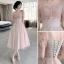 Chic / Beautiful Blushing Pink Bridesmaid Dresses 2021 A-Line / Princess Square Neckline Pearl Sequins Short Sleeve Backless Tea-length Bridesmaid Wedding Party Dresses