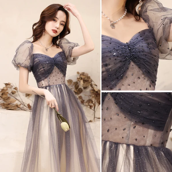 Fashion Navy Blue Glitter Prom Dresses 2021 A-Line / Princess Square Neckline Beading Crystal Short Sleeve Floor-Length / Long Prom Formal Dresses