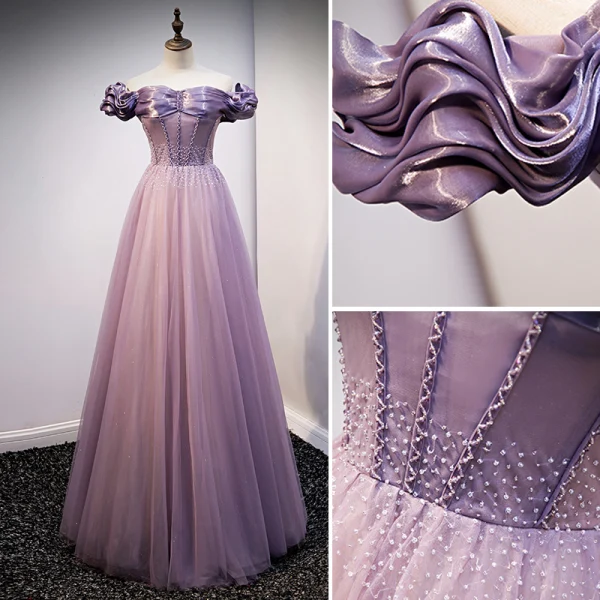 Elegante Violett Ballkleider 2021 A Linie Off Shoulder Perlenstickerei Kurze Ärmel Rückenfreies Lange Ball Festliche Kleider