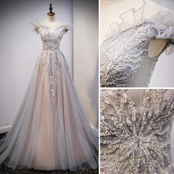 Chic / Beautiful Burgundy Prom Dresses 2018 A-Line / Princess Beading Crystal Lace Flower Off-The-Shoulder Backless Short Sleeve Floor-Length / Long Formal Dresses