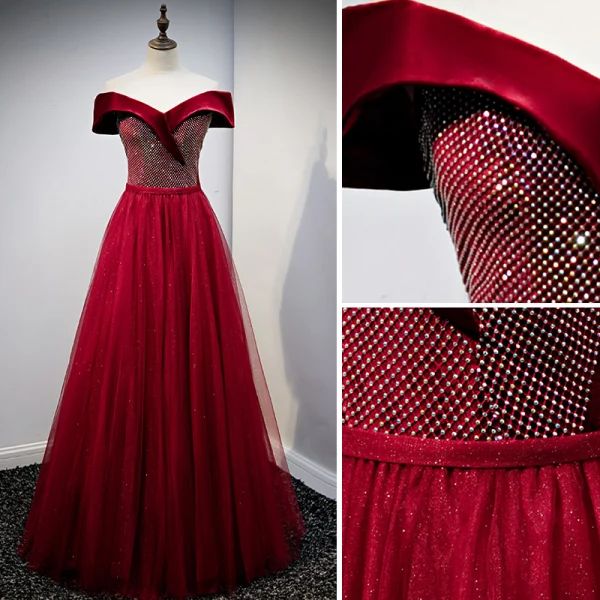 Élégant Glitter Daim Bordeaux Robe De Bal 2021 Princesse De l'épaule Faux Diamant Manches Courtes Dos Nu Longue Promo Robe De Ceremonie