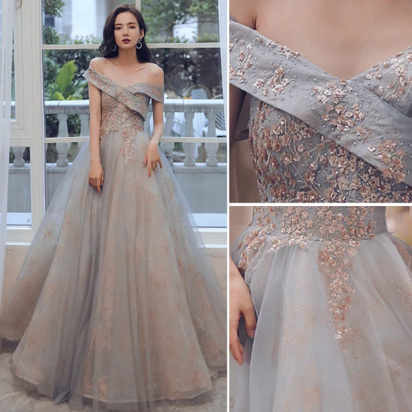 Fashion Grey Gold Prom Dresses 2021 A-Line / Princess Off-The-Shoulder Sequins Lace Flower Short Sleeve Backless Floor-Length / Long Prom Formal Dresses