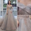 Fashion Grey Gold Prom Dresses 2021 A-Line / Princess Off-The-Shoulder Sequins Lace Flower Short Sleeve Backless Floor-Length / Long Prom Formal Dresses