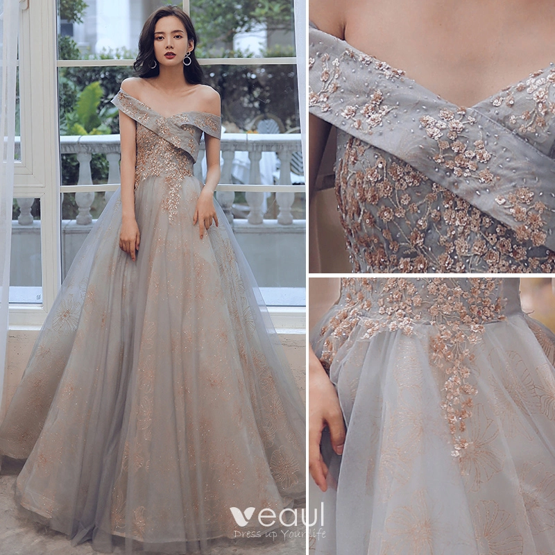 Fashion Grey Gold Prom Dresses 2021 A Line Princess Off The Shoulder Sequins Lace Flower Short