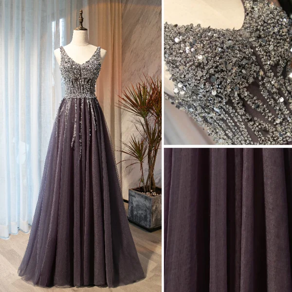 Chic / Beautiful Purple Prom Dresses 2021 A-Line / Princess V-Neck Beading Sequins Sleeveless Backless Floor-Length / Long Prom Formal Dresses