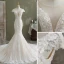 Charming White Trumpet / Mermaid Wedding Dresses 2021 Scoop Neck Pearl Lace Flower Cap Sleeves Chapel Train Wedding