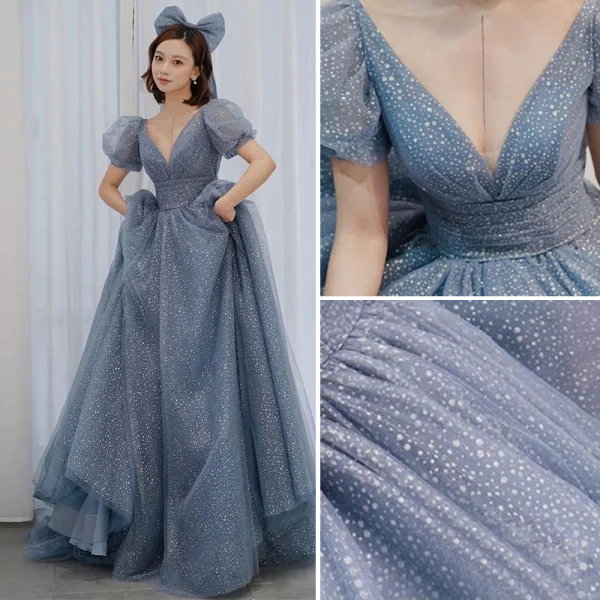 Lovely Vintage / Retro Pool Blue Prom Dresses 2021 A-Line / Princess Deep V-Neck Sequins Short Sleeve Floor-Length / Long Prom Formal Dresses