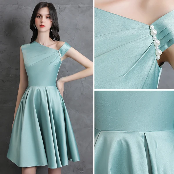 Fashion Mint Green Homecoming Satin Graduation Dresses 2021 A-Line / Princess Pearl One-Shoulder Sleeveless Knee-Length Formal Dresses