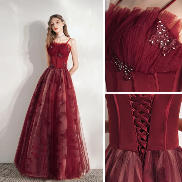 Chic / Beautiful Burgundy Prom Dresses Evening Dresses  2021 A-Line / Princess Spaghetti Straps Lace Butterfly Sequins Sleeveless Backless Floor-Length / Long Evening Party Formal Dresses