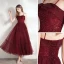 High Low Grey Cocktail Dresses 2018 A-Line / Princess Lace Appliques Asymmetrical High Neck 3/4 Sleeve Formal Dresses