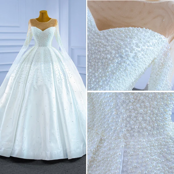 Haut de Gamme Ivoire Perlage Perle Robe De Mariée 2021 Robe Boule Encolure Dégagée Manches Longues Royal Train Mariage