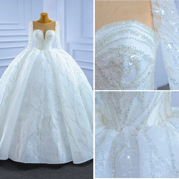 High-end Luxury / Gorgeous Ivory Beading Crystal Sequins Wedding Dresses 2021 Ball Gown Scoop Neck 3/4 Sleeve Cathedral Train Wedding