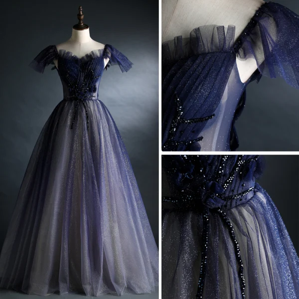 Vintage / Retro Navy Blue Glitter Prom Dresses 2021 A-Line / Princess Square Neckline Beading Crystal Short Sleeve Backless Floor-Length / Long Prom Formal Dresses