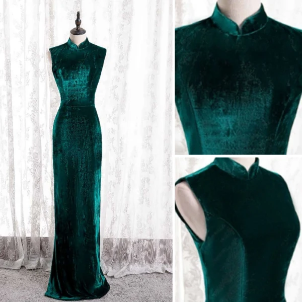Chinese style Dark Green Cheongsam / Qipao Trumpet / Mermaid Evening Dresses 2021 High Neck Sleeveless Suede Evening Party Floor-Length / Long Formal Dresses
