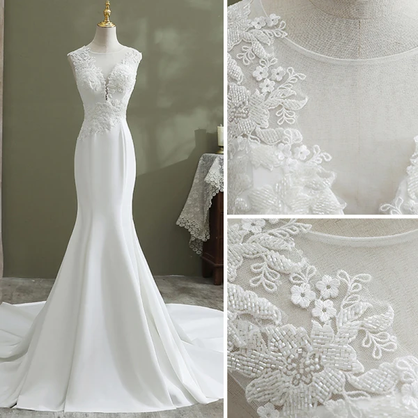 Élégant Ivoire Trompette / Sirène Satin Robe De Mariée 2021 Encolure Dégagée Sans Manches Perlage En Dentelle Fleur Chapel Train Mariage