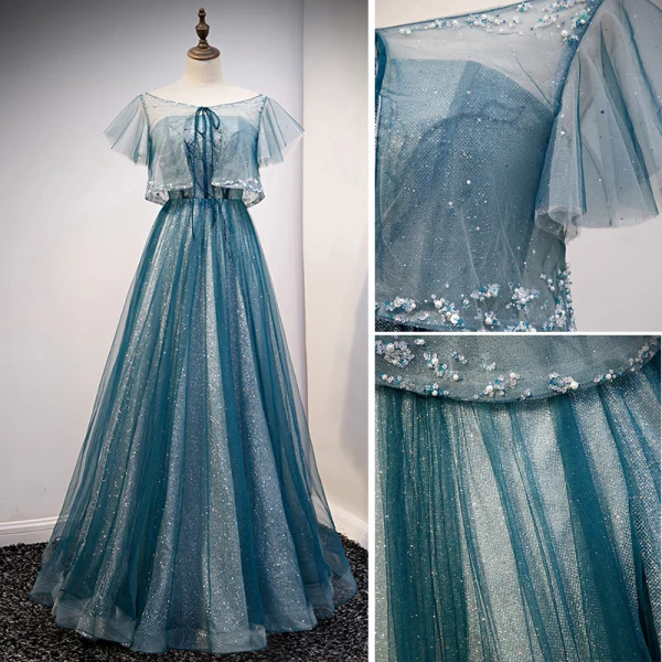 Charming Pool Blue Glitter Prom Dresses 2021 A-Line / Princess Scoop Neck Beading Sequins Short Sleeve Floor-Length / Long Prom Formal Dresses
