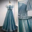 Charming Pool Blue Glitter Prom Dresses 2021 A-Line / Princess Scoop Neck Beading Sequins Short Sleeve Floor-Length / Long Prom Formal Dresses