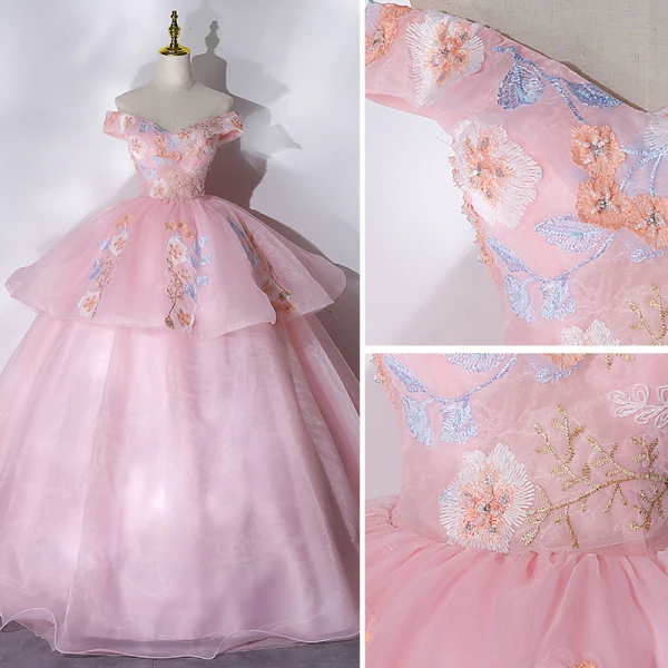 Elegant Candy Pink Prom Dresses 2021 Ball Gown Off-The-Shoulder Beading Pearl Rhinestone Lace Flower Sleeveless Backless Floor-Length / Long Prom Formal Dresses