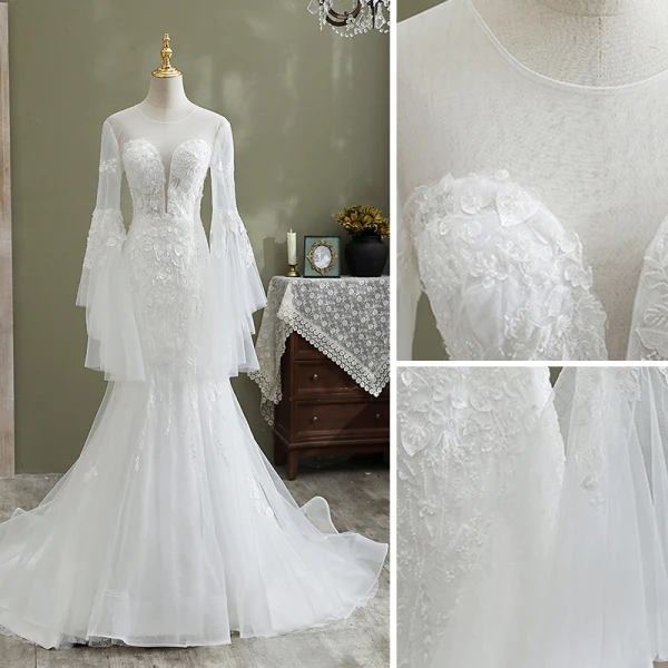 Elegant White Trumpet / Mermaid Wedding Dresses 2021 Scoop Neck Beading Lace Flower Long Sleeve Backless Cathedral Train Wedding