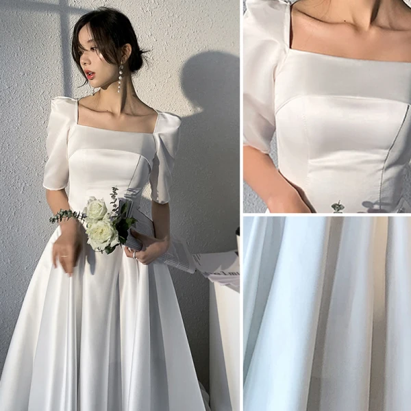 Modest / Simple Ivory Satin Homecoming Graduation Dresses 2021 A-Line / Princess Square Neckline 1/2 Sleeves Tea-length Formal Dresses