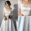 Modest / Simple Ivory Satin Homecoming Graduation Dresses 2021 A-Line / Princess Square Neckline 1/2 Sleeves Tea-length Formal Dresses