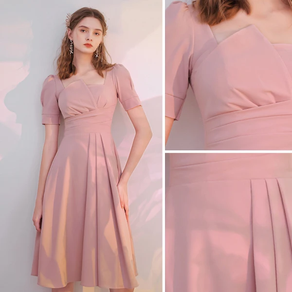 Modest / Simple Blushing Pink Homecoming Graduation Dresses 2021 A-Line / Princess Square Neckline Short Sleeve Tea-length Formal Dresses