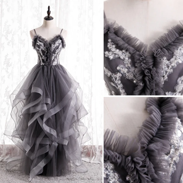 Fashion Grey Ruffle Prom Dresses 2021 A-Line / Princess Spaghetti Straps Beading Sequins Sleeveless Backless Floor-Length / Long Prom Formal Dresses